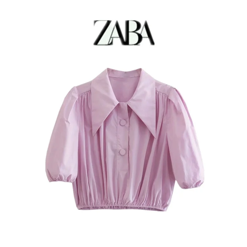 

Fashionable Short Bubble Sleeve Cover up Shirt New Arrival Spring Summer Women's Elegant Style Collar Button Detail Shirt