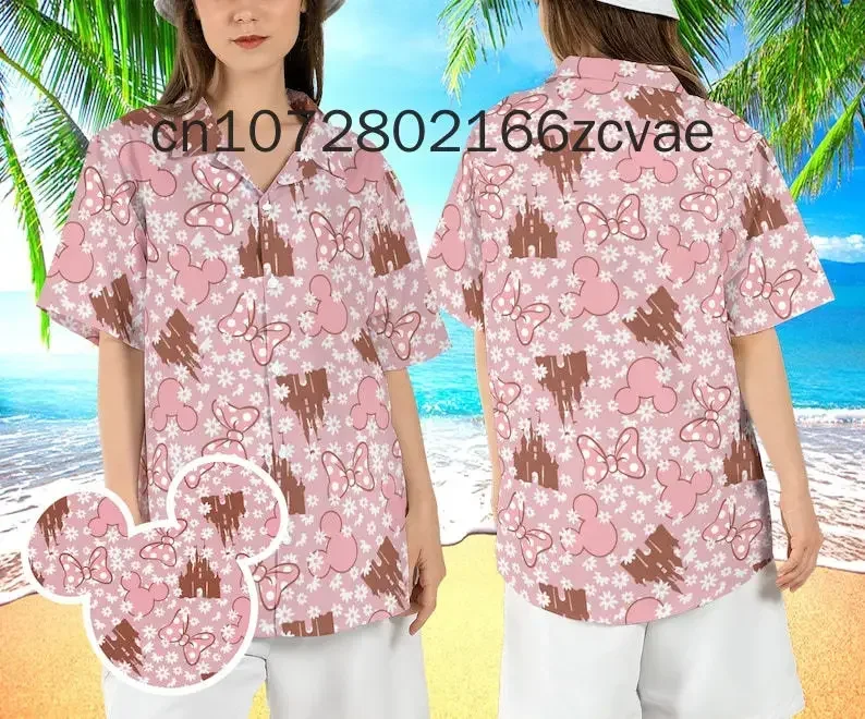 Chemise hawaïenne bohème pour hommes et femmes, chemise de plage, tureMouse, château magique, Disney, Minnie