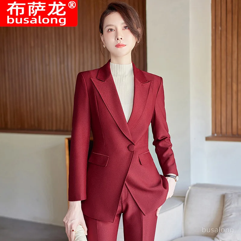 Wine Red Business Suit Female Autumn Hotel Manager Sales Department Jewelry Shop Front Desk Suit Temperament Office Suits