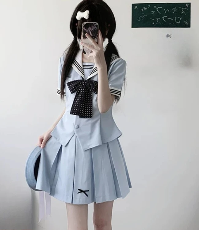Short Sleeve JK Sets Summer College Blue Sweet Bow Navy Collar Shirt Fashion High Waist A-line Versatile Age-reducing Skirt