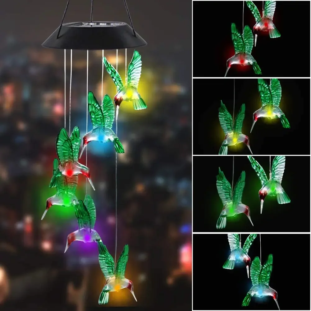 

Color Changing Solar Power Wind Chime Hummingbird Angel Butterfly Waterproof Outdoor Decoration Light for Patio Yard Garden