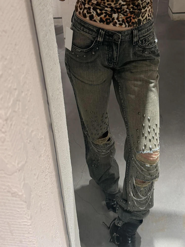 Retro Washed American High Street Design Sense Hole Rivet Denim Pants Women's Autumn New Style Vintage Flared Long Trousers