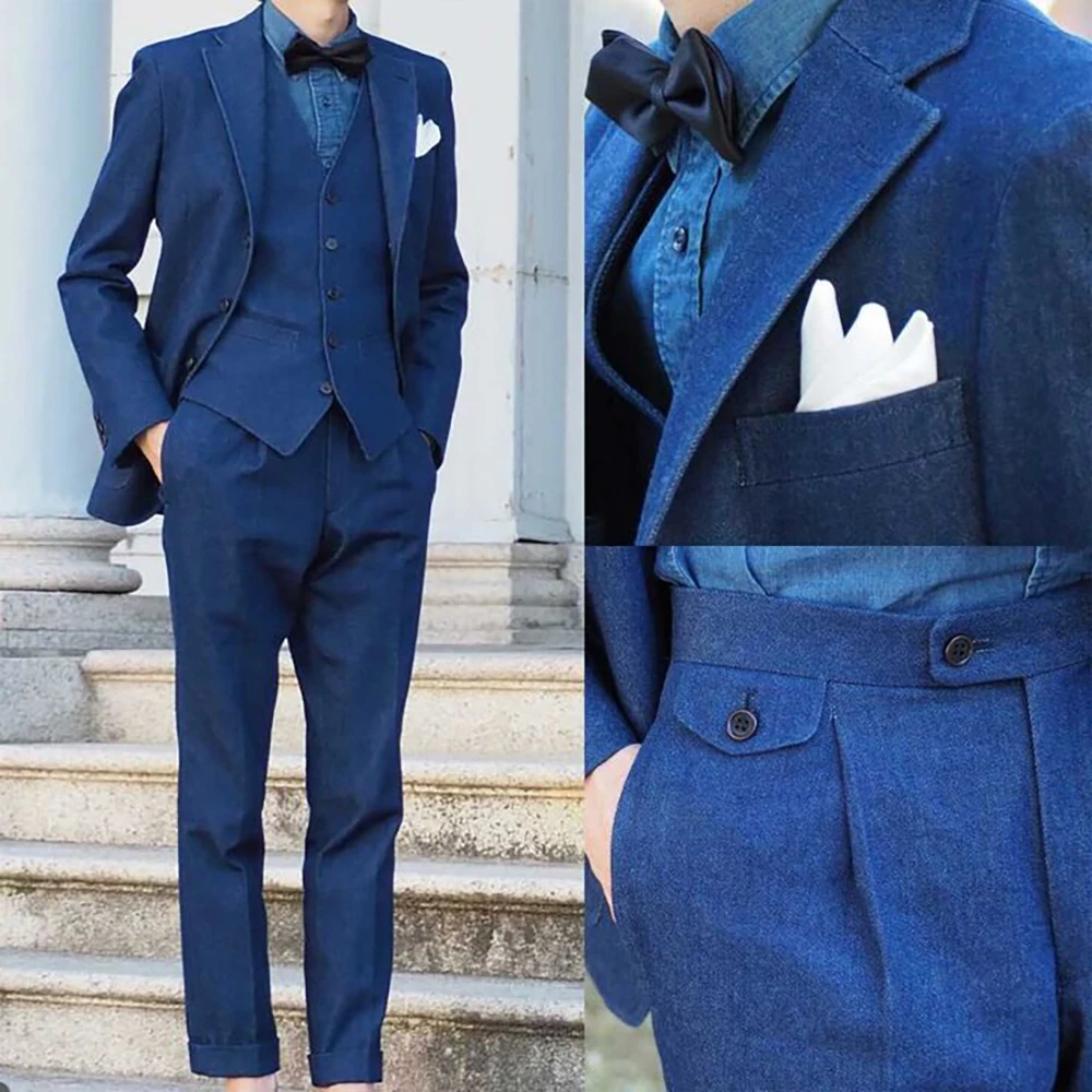 

Formal Denim Men's Suits 3 Piece Jacket Pants Vest Elegant Single Breasted Notch Lapel Slim Fit Male Clothing Costume Homme