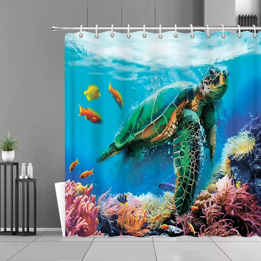 Ocean Underwater World Shower Curtain Colourful Tropical Fish Turtle Deep Sea Coral Fabric Washable Bath Curtains Bathroom Decor