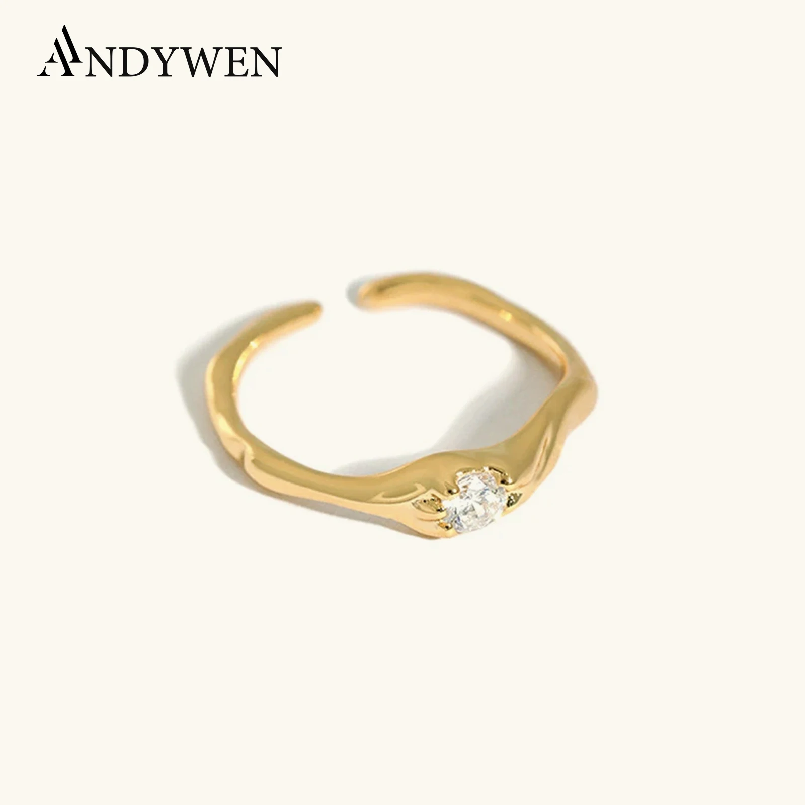 

Andywen 925 Sterling Silver Gold One Zircon Irregular Geometric Resizable Rings Women Fashion Fine Jewelry Luxury Jewels