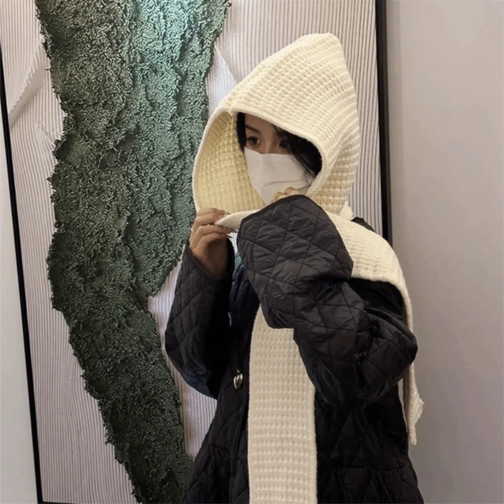 Acrylic Fibres Knitted Hooded Caps Soft Embossing Neck Collar Beanies Caps Keep Warm Thickened Winter Neckerchief Hat Women