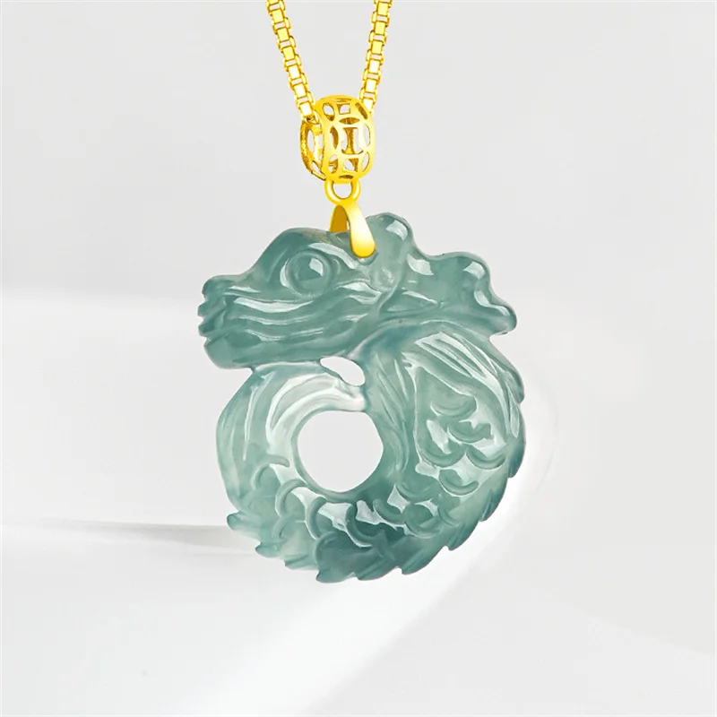 JiaLe/18K Gold Inlaid Natural Jade Blue Water Auspicious Dragon Fish Necklace Pendant High Jewelry Accessories Women Couple Gift