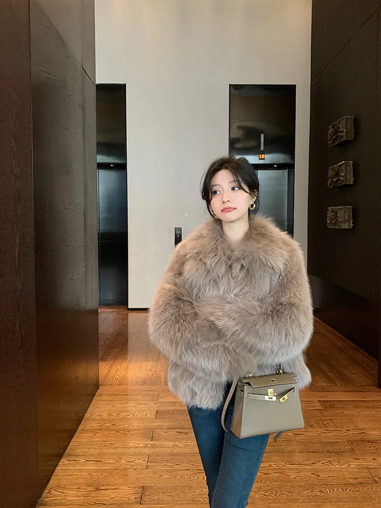Women Faux Fox Fur Coats Solid Short Jackets Long Sleeves Turn Down Collar Open Stitch Loose Elegant Casual 2026 Autumn Winter