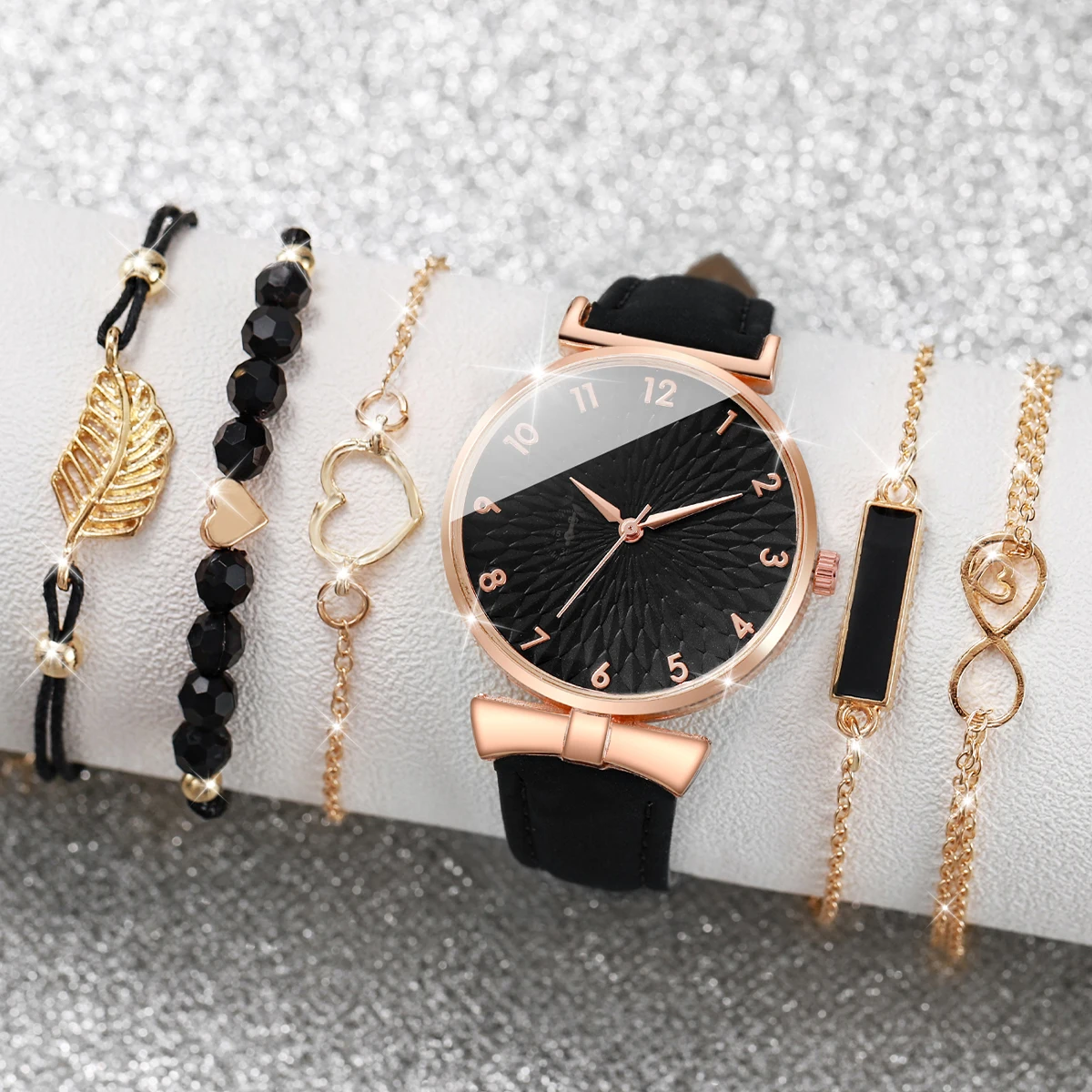 6pcs/set Women Watches Heart Leaf Bracelets Set Fashion Leather Band Ladies Quartz Watch(Without Box)