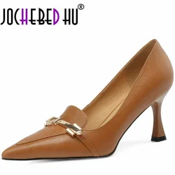 ăJOCHEBED HUăWomen Brand Genuine Leather High Heels Stiletto Metal Decor Shoes For Pointy Toe Slip-ons Patchwork Pump