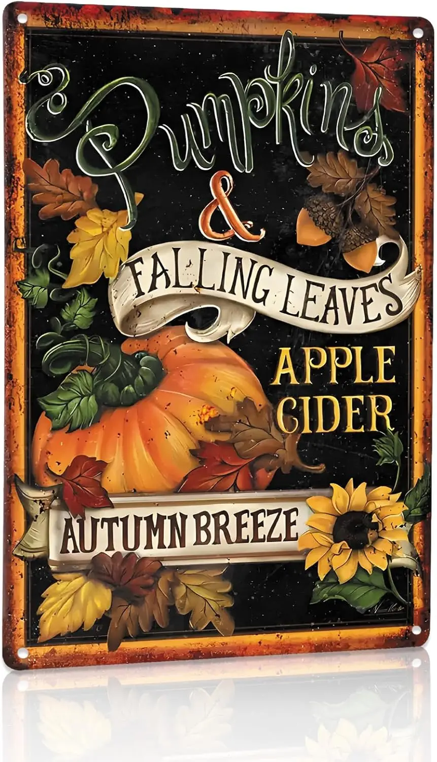 Autumn Theme Tin Metal Sign Plaque, Vintage Outdoor Decor with Pumpkins for Room Home Bedroom Garden Farmhouse Office Ca