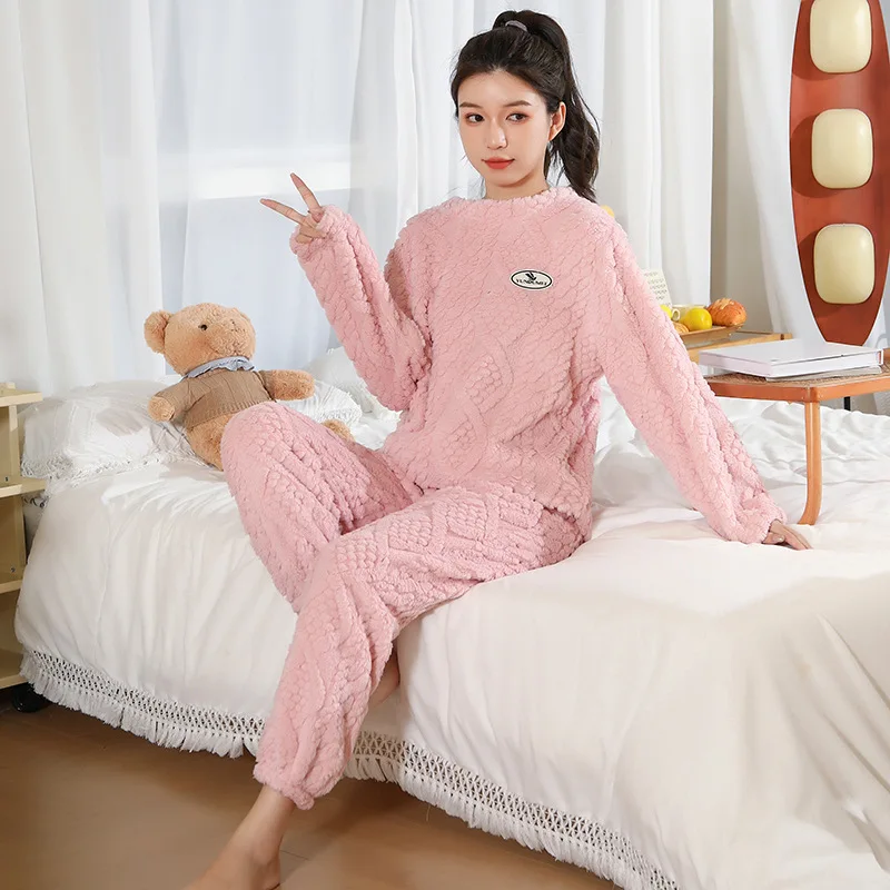 

Girl's Student Pajamas Homewear Sleepwear Loungewear Women's Two Pieces Loose Thicken Fleece-Lined Flannel Spring Autumn Winter