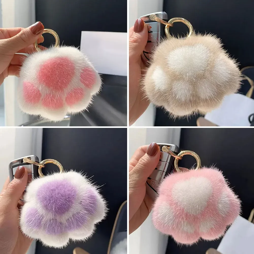 Cat Paw Pendant Keychain Couple Keychain Fluffy Faux Fur Keychain Charm Cute Soft Plush Toy Key Ring Backpack Car Key Pendant