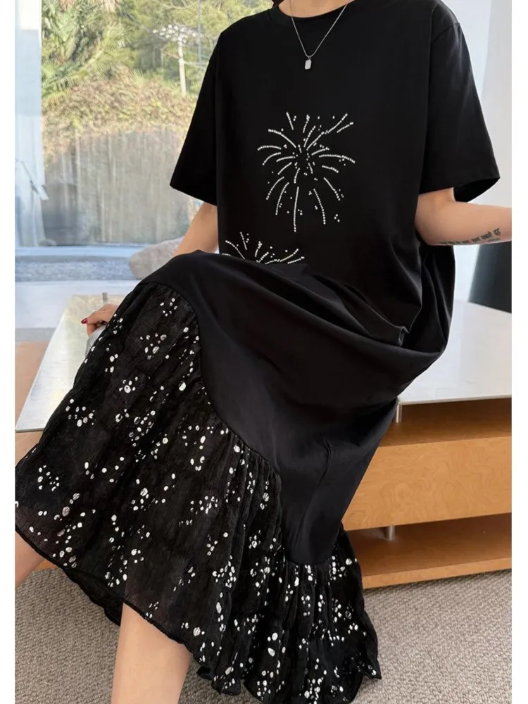 ฤดูร้อน Oversize Patchwork เสื้อยืดผู้หญิงแขนสั้นสีดําสุภาพสตรีชุด Vestidos Robe เสื้อผ้า