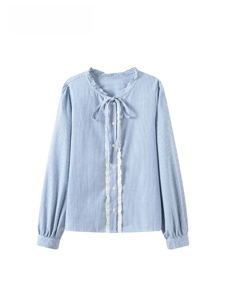 

plus Size Women's Long Sve irt Spring New Sle Striped Flower Top Cotton Polyester Loose Fit Regular Thin