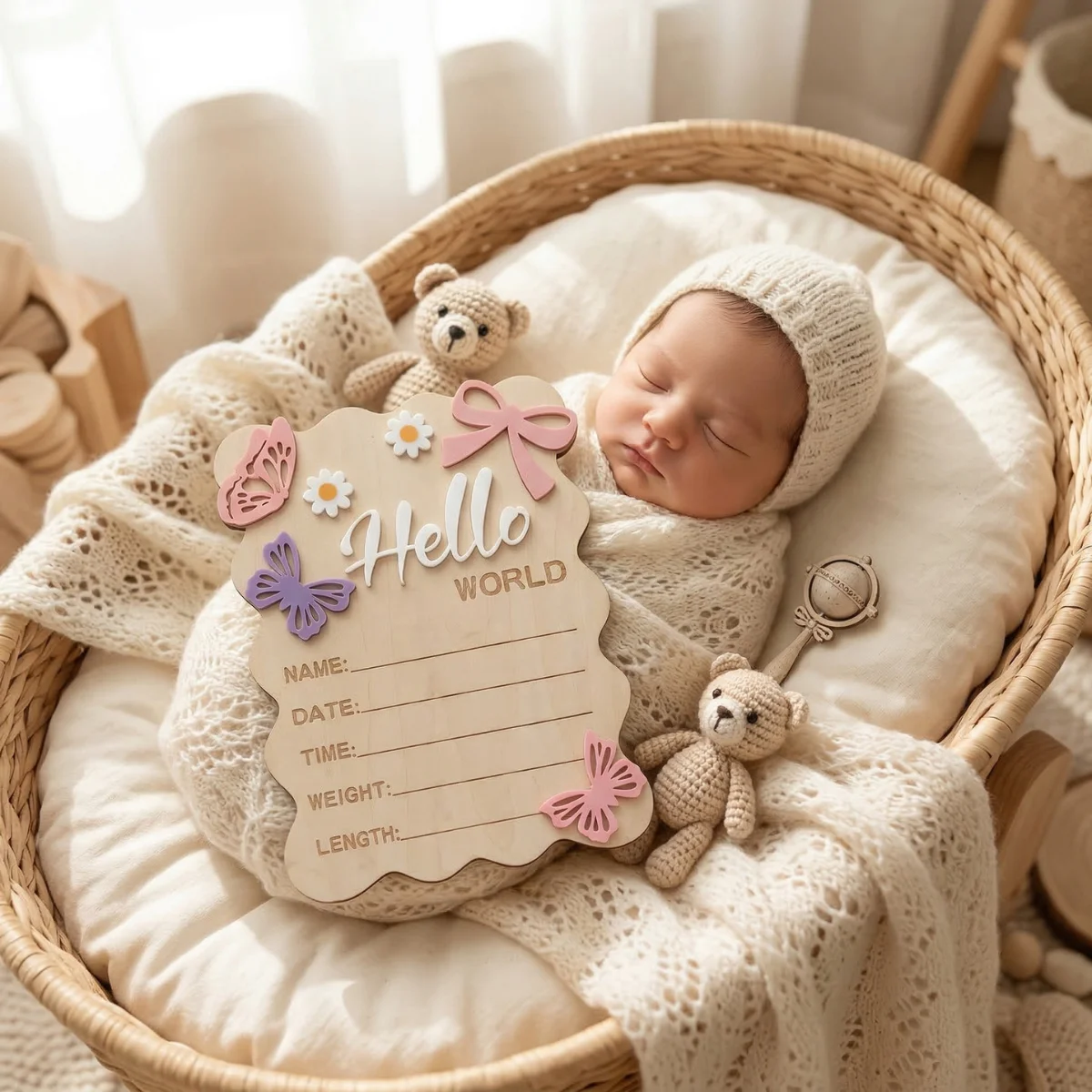 Boho Floral Butterfly Theme Wave Edge Sign, Natural Wood Photo Prop, Raised Acrylic Letters, Hello World Birth Announcement Boar