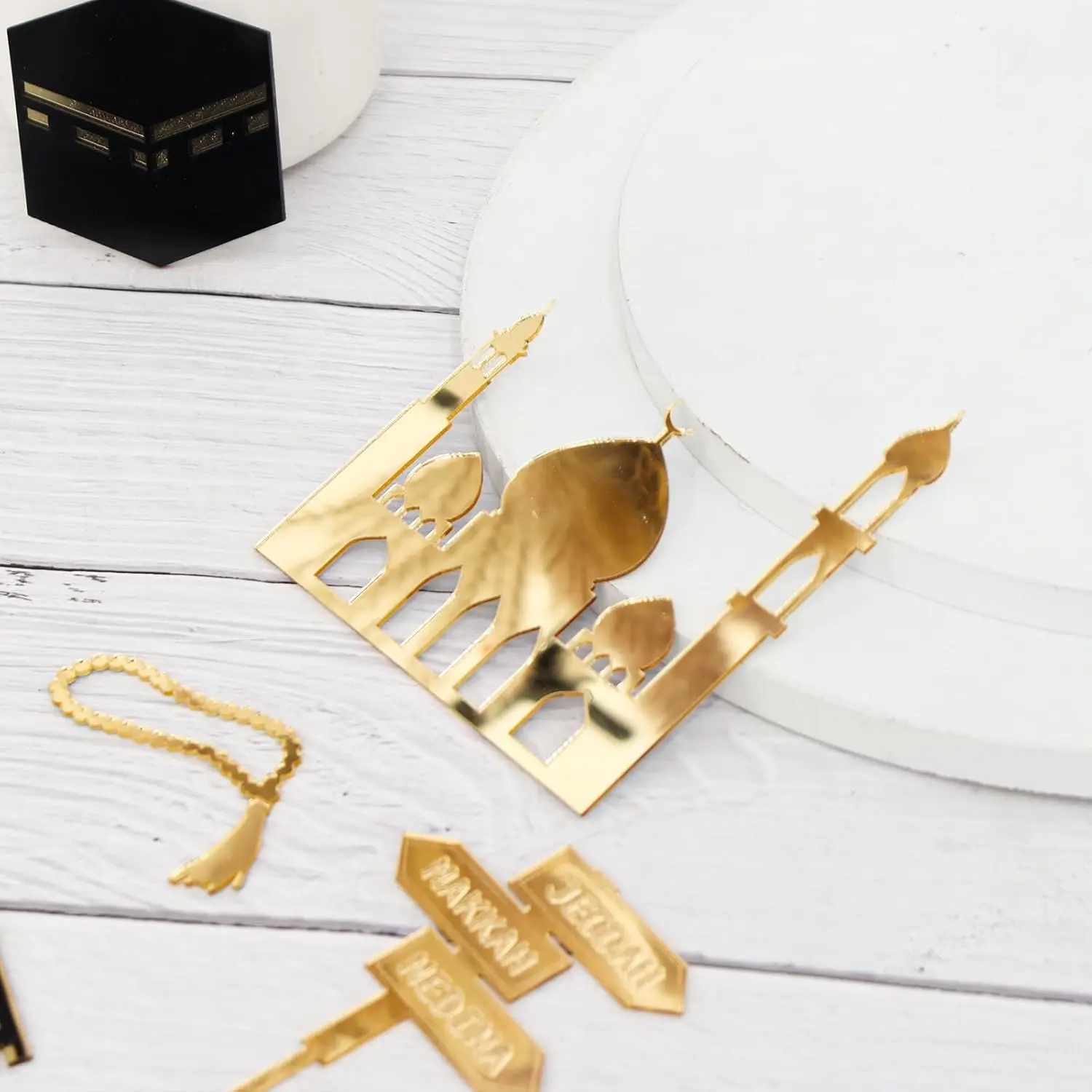 Paxrmuky Golden Muslim Umrah Mubarak Topper Hajj Mubarak Cake Topper ومجموعة ساحرة مكونة من 4 قطع #3