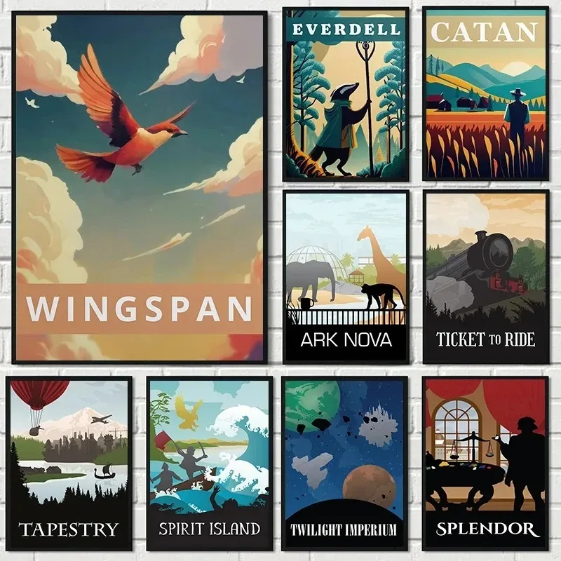 Vintage Board Games Wingspan Everdell and Catan Minimalist Posters Canvas Art Pictures Game Room Home Living Room Decoration