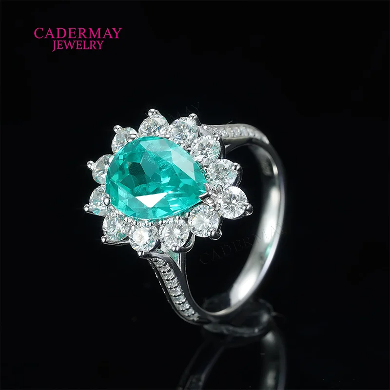 Anillos Paraiba de laboratorio S925, plata S925, 8x11mm, forma de pera, Paraiba YAG con moissanita, anillo de compromiso de boda pavimentado para regalo de mujer