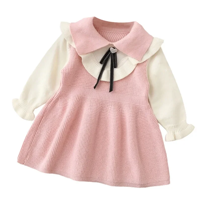 

Baby Girl Sweater Dress 1-6 Years Autumn Warm Girl O-neck Bow Knitted Sweater Dress Puff Sleeve Royal Court Dress