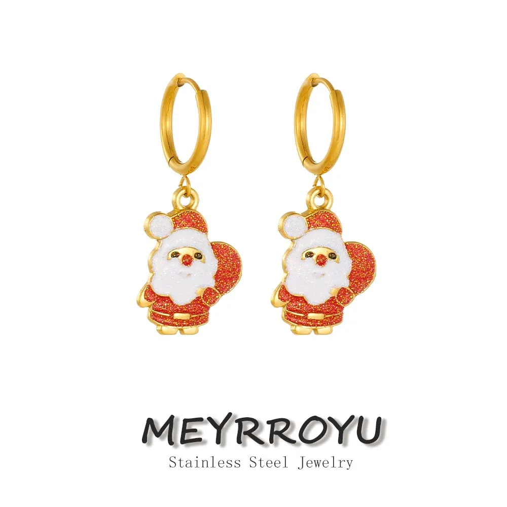 MEYRROYU Stainless Steel Sparkling Santa Claus Shaped Hoop Earrings Women Fashion Daily Waterproof Christmas Theme Jewelry Gift