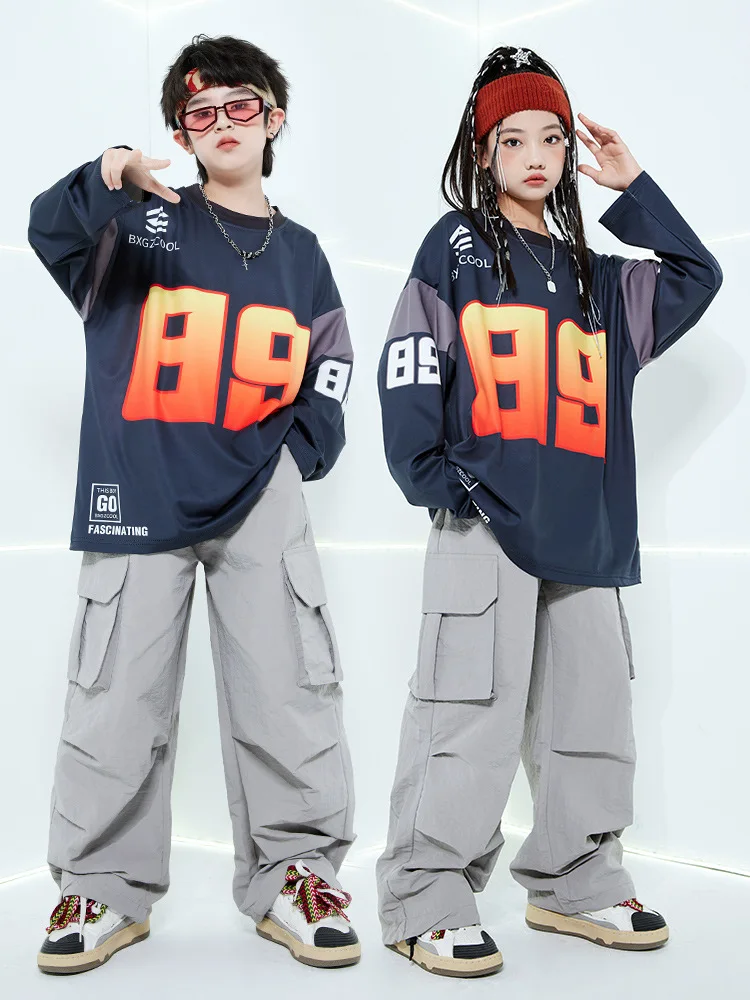 Children Boys Girls Stage Fashion Show Hip Hop Jazz Dance Costumes Kids Long Sleeve Tshirt Cargo Pants Sets Tracksuit Trouser