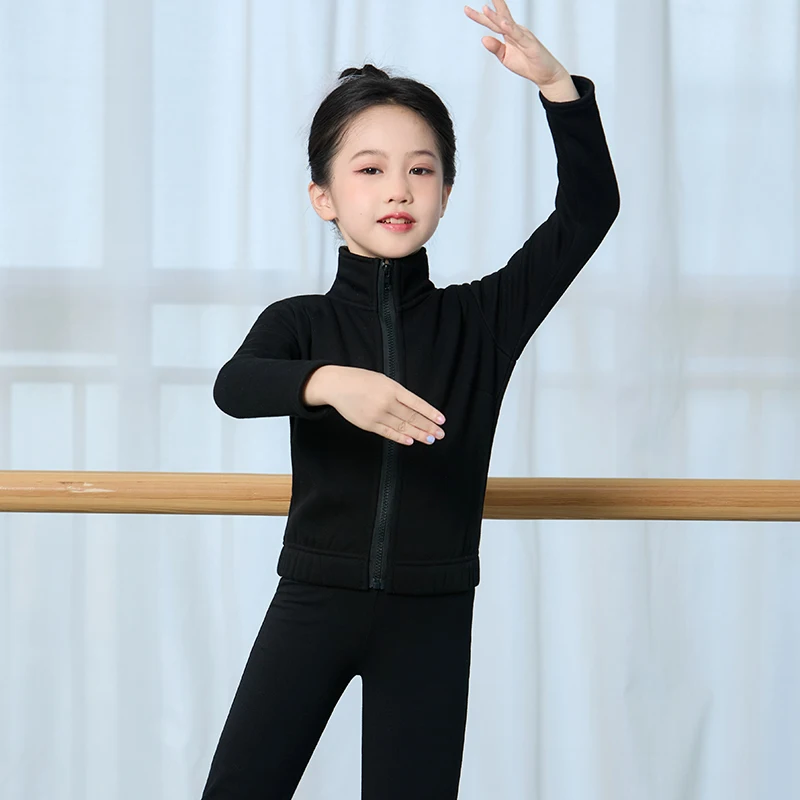 Dziewczęce topy baletowe z długim rękawem Różowa aksamitna wewnętrzna kurtka do tańca Termiczny zamek błyskawiczny Dziecięca odzież do tańca Zimowy płaszcz baletowy z golfem