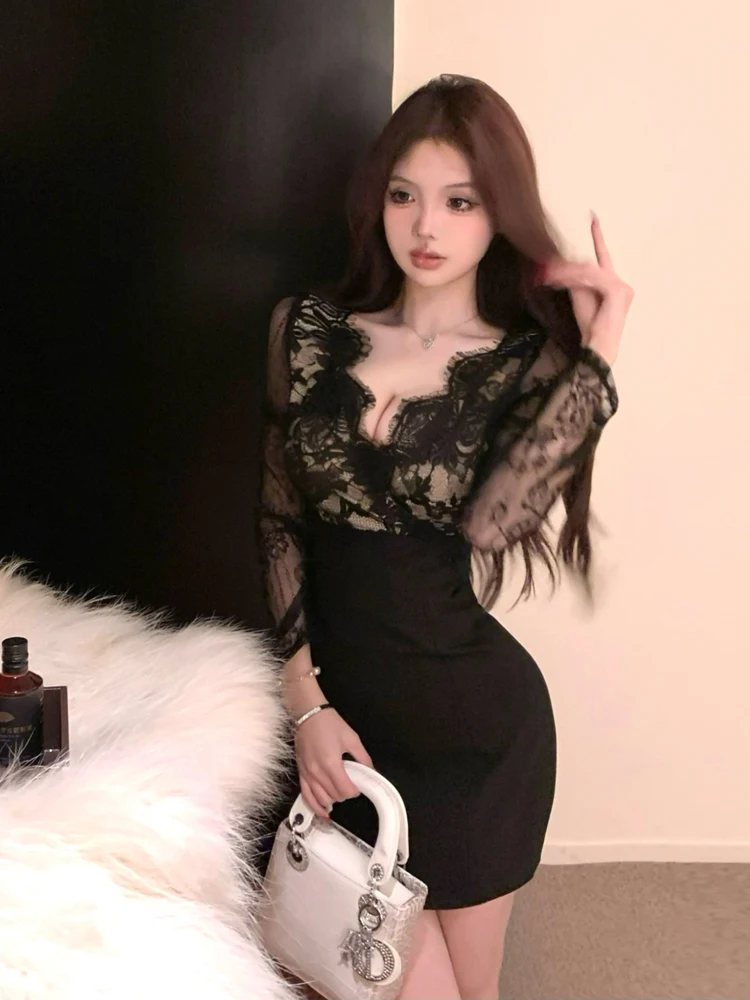 Black Lace Trimmer Sexy Splicing Autumn Winter Inner Wear Wrap around Skirt High Waist Long Sleeve V Neck Dress for Young Women