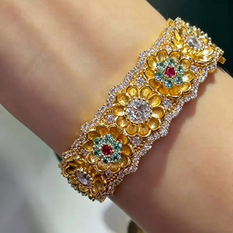 Bellux Vintage Floral Gold Bracelet For Women Multi‑Color Cubic Zirconia Flower Pattern Luxury Italian 925 Silver Wide Bangle