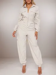 Work Jumpsuit Women's Pocket Elastic Waist Zipper Jumpsuit New Style Autumn Fashion Elegant Casual Long Sleeve Jumpsuits