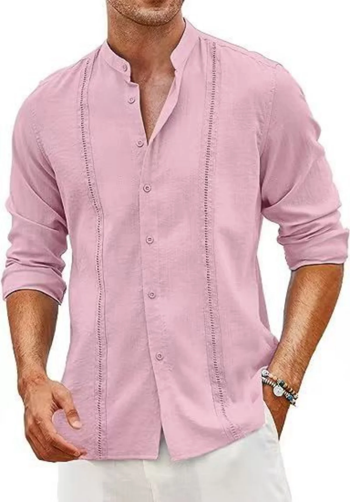 Fall 2024 new men\'s Cuban style casual button Beach Resort cotton linen shirt stand collar