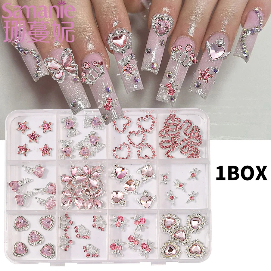 SANANIE 12 Grids 3D Sweet Butterfly Heart Diamond Nail Charms Shiny Pink Gems Star Magic Wand Crown Nails Art Decorations Crafts
