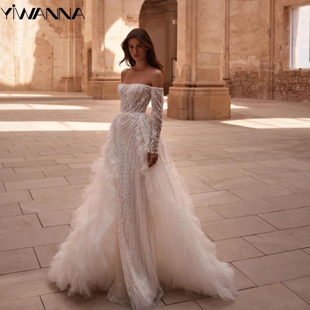 Shiny Hand-made Beads Pearls Wedding Dress Detachable Train Bride Robe Off The Shoulder Bridal Gown Customized Robe De Mariée