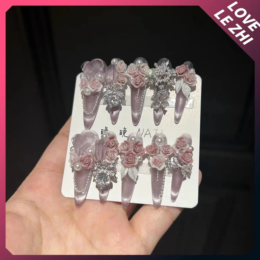 Sparkly 3D Fake Nails Cat Eyes Pure Handmade Carving Rose Pearl Butterfly Luxury Diamond Full Cover Wearable Press On Nails