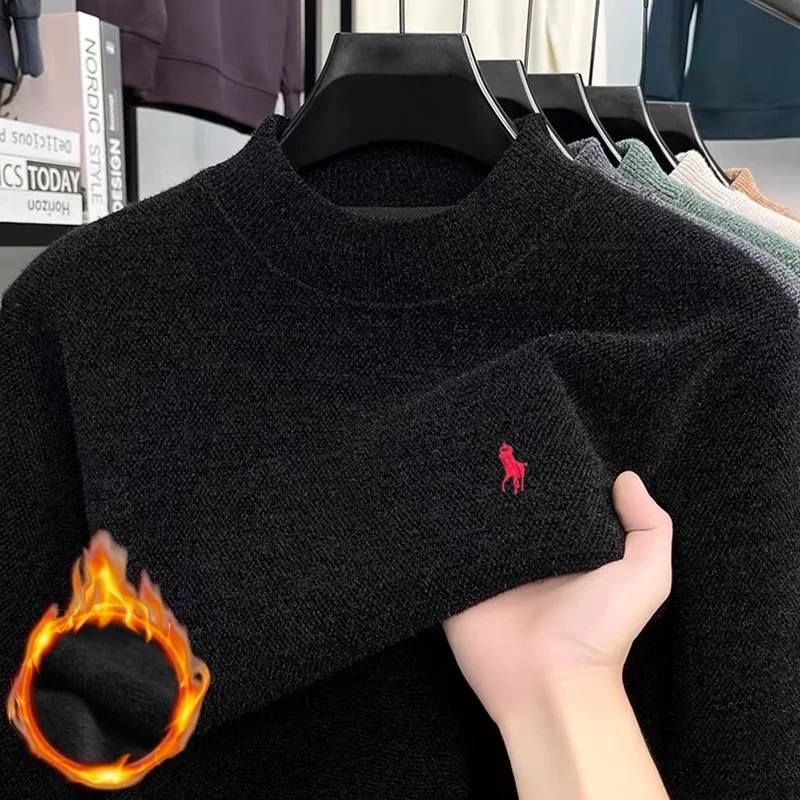 

High end brand velvet men's new original fashion hot selling pony embroidery winter thick warm round neck top knitted sweater