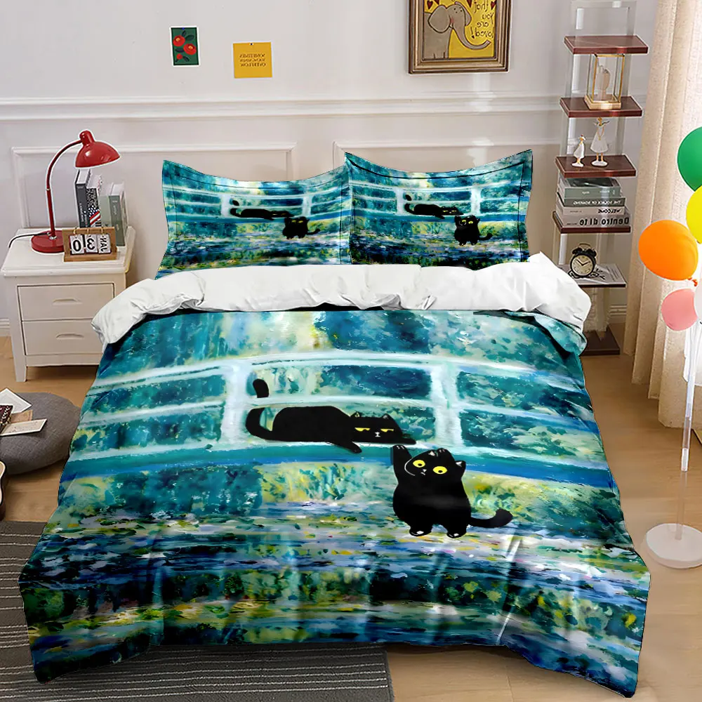 Two cute black cats on bridge Bedding Set for Kids Luxury Gift 3pcs Digital Print Comforter Set Soft Comfortable Breathable