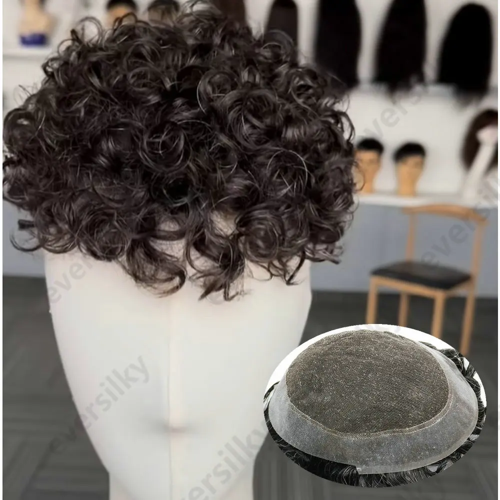 20MM Lockiges Australisches Spitzen- und PU-Toupet Haarsystem für Männer Grau-Schwarze Echthaarperücken Unsichtbare Haarprothese für Männer – Detail 1