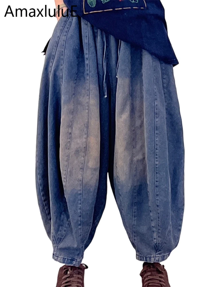 

Amax LuluE 2026 Japanese Design Classic Jeans Women Fashion Loose Soild Denim Pants Ladies Summer Vintage Elastic Waist Trousers