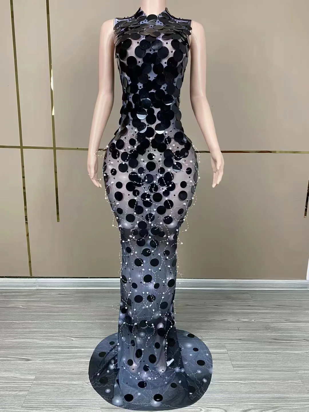 Sparkly Sleeveless Floor Length Round Sequins Dress Women Singer Birthday Evening Prom Outfit Red Photoshoot Dress