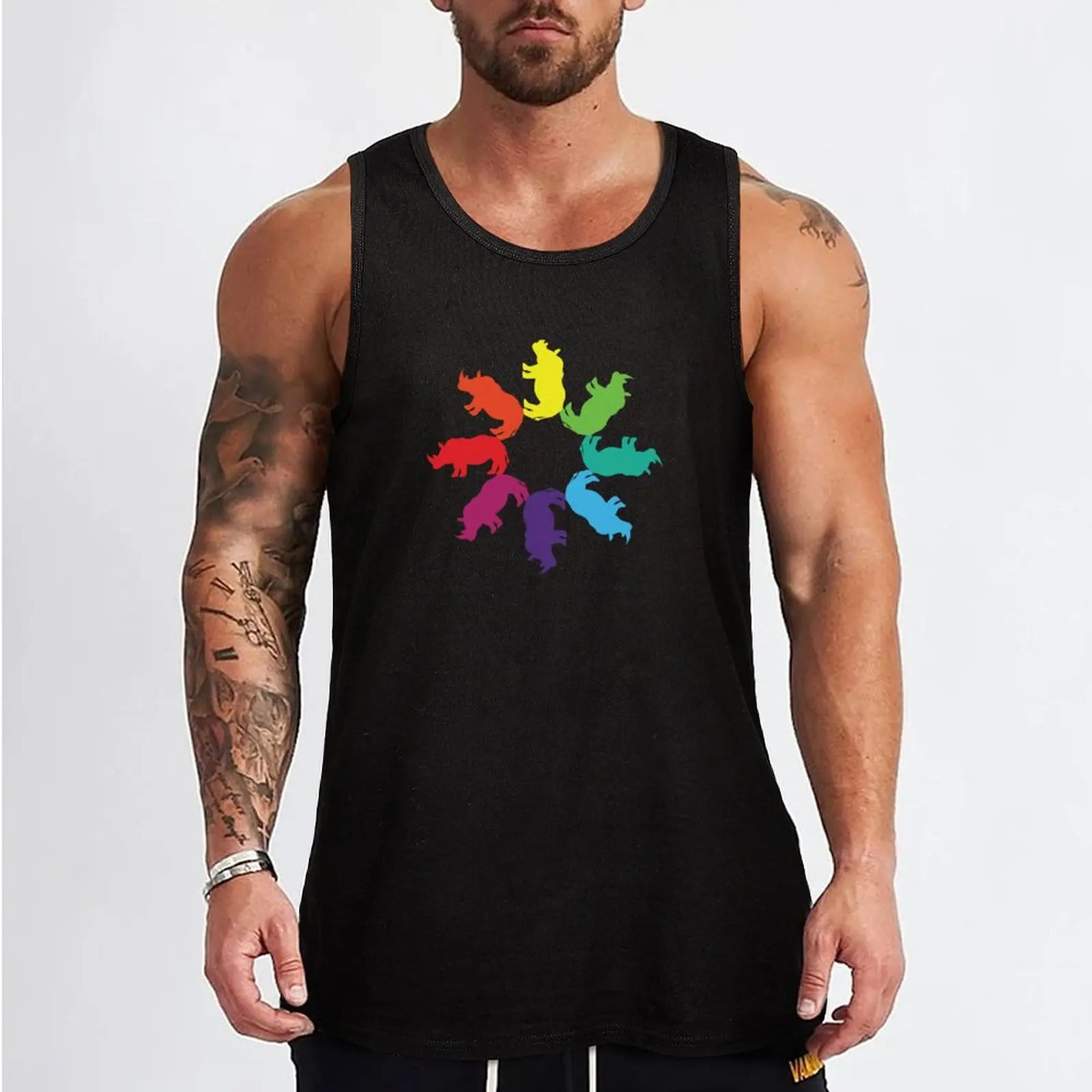 Color: White Rhino Rainbow Pinwheel Tank Top t-shirt gym man Men's t-shirts bodybuilding man t-shirt for men