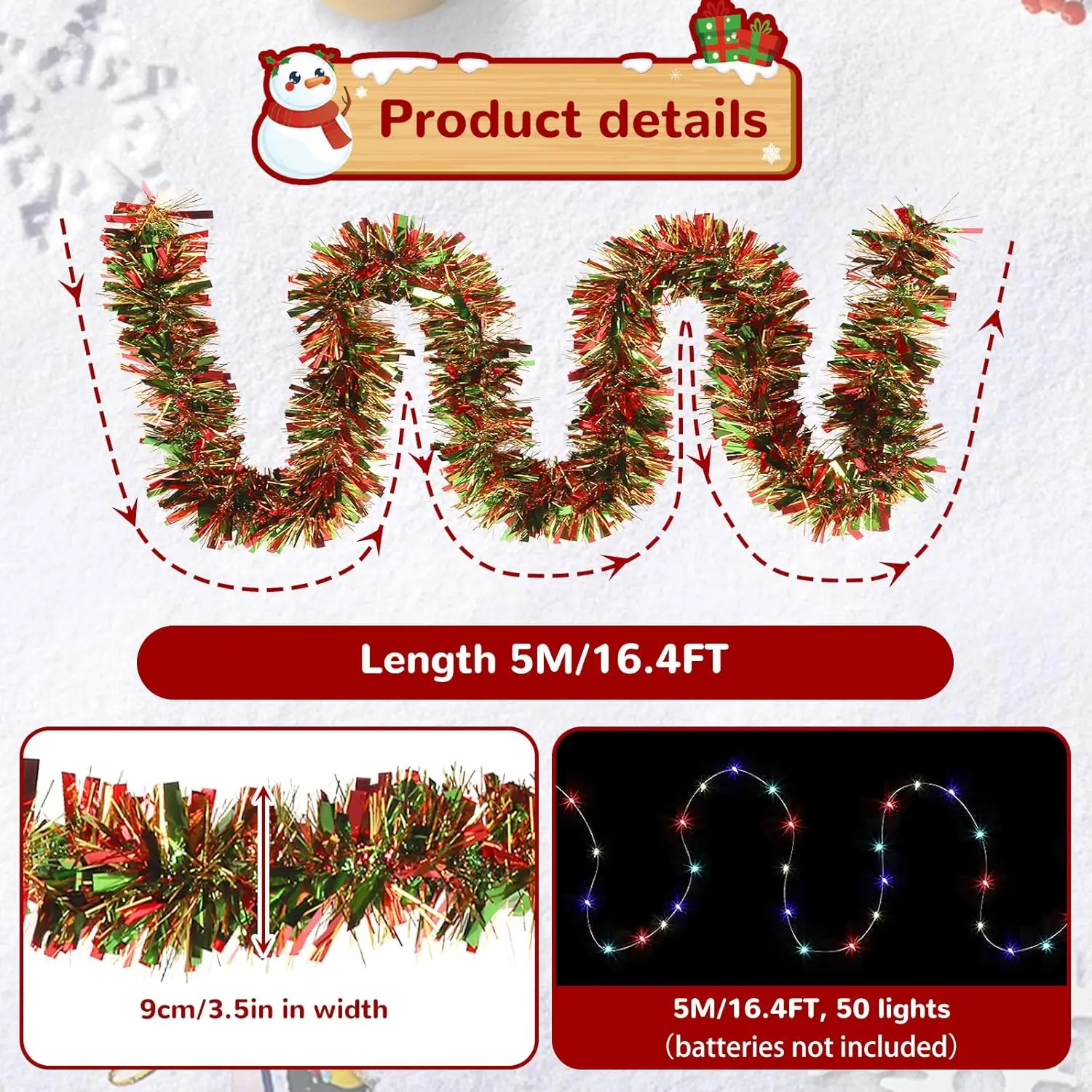 Christmas Tree Tinsel Garland Metallic Shiny Battery Garland With RGB LED String Lights For Home Garden New Year Decoration
