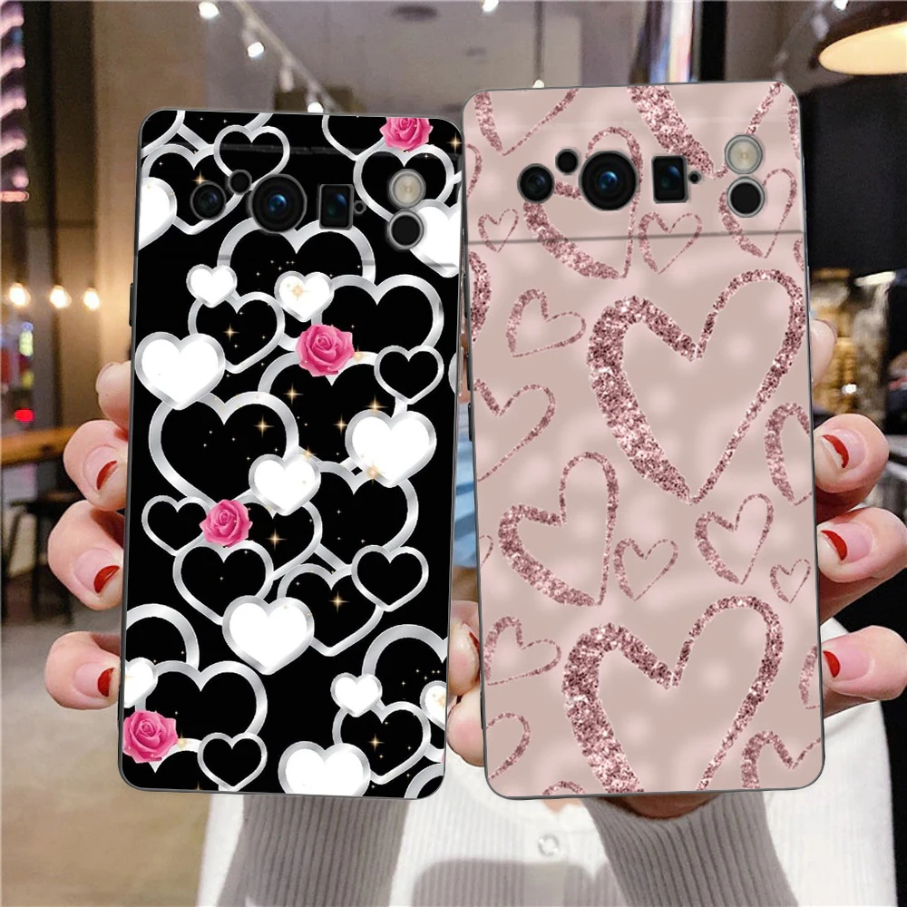 Gold Rose Love Heart Phone Case For Google Pixel 9 8 7 6 Pro XL 8A 7A 6A TPU Shell Soft Shockproof Black Cover