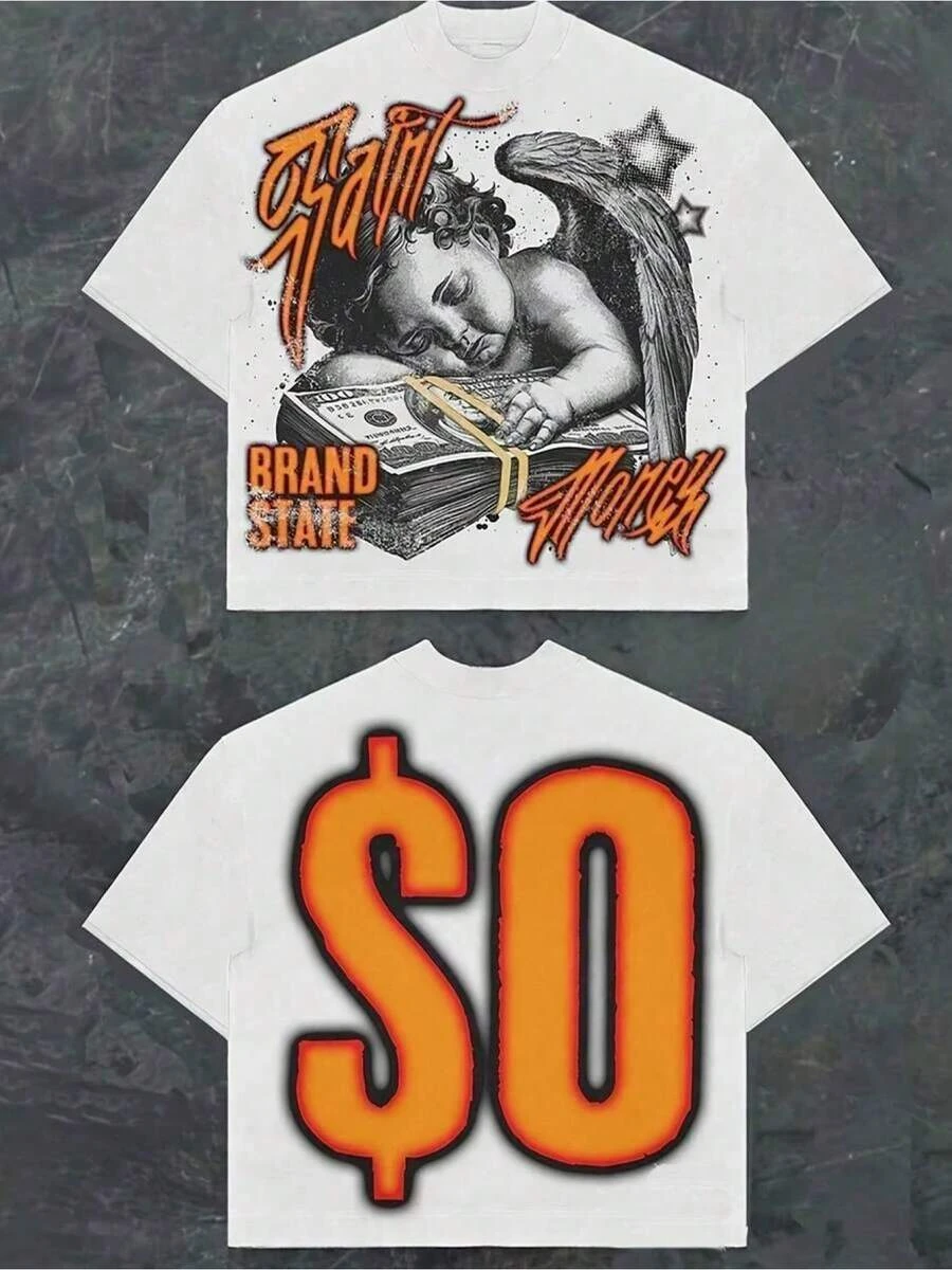 Men Vintage Streetwear T‑Shirt Double‑Sided Angel Money Number Graffiti Print Crew Neck Short‑Sleeve Loose Y2K  Male Tee