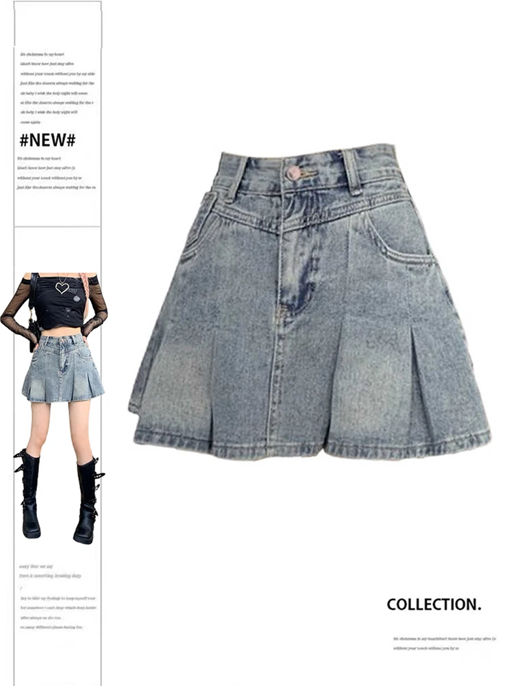 

Women A-line Denim Pleated Skirt Vintage Aesthetic Y2k Mini Jean Skirt Harajuku Korean Elegant Cowboy Skirts 2000s Clothes Summe