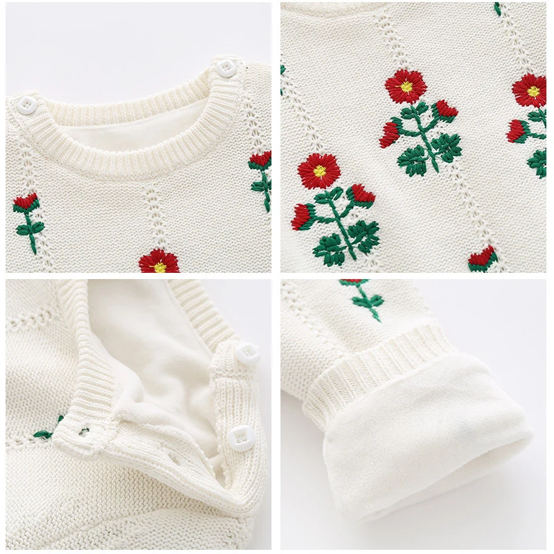 0-24M Baby Girl Rompers Knitted Kids New Spring Autumn Girl Embroidery Flower Rompers + Hat Baby Girl Newborn Rompers Clothes