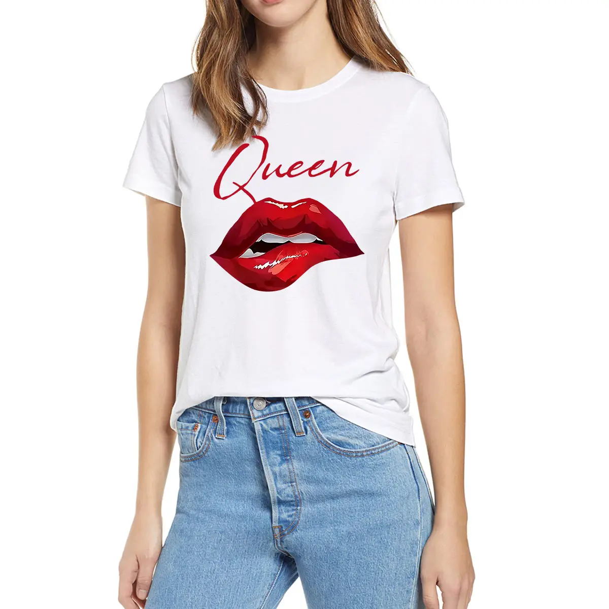 

Woman Funny Fashion T-shirts Y2K Queen Letter Flame Red Lips Pattern Creativity Men and Women Street Casual T-shirt