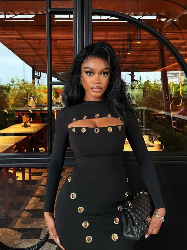 

Элегантные осенние платья для женщин Модное черное тонкое платье с заклепками и длинным рукавом Сексуальное короткое и облегающее мини-платье