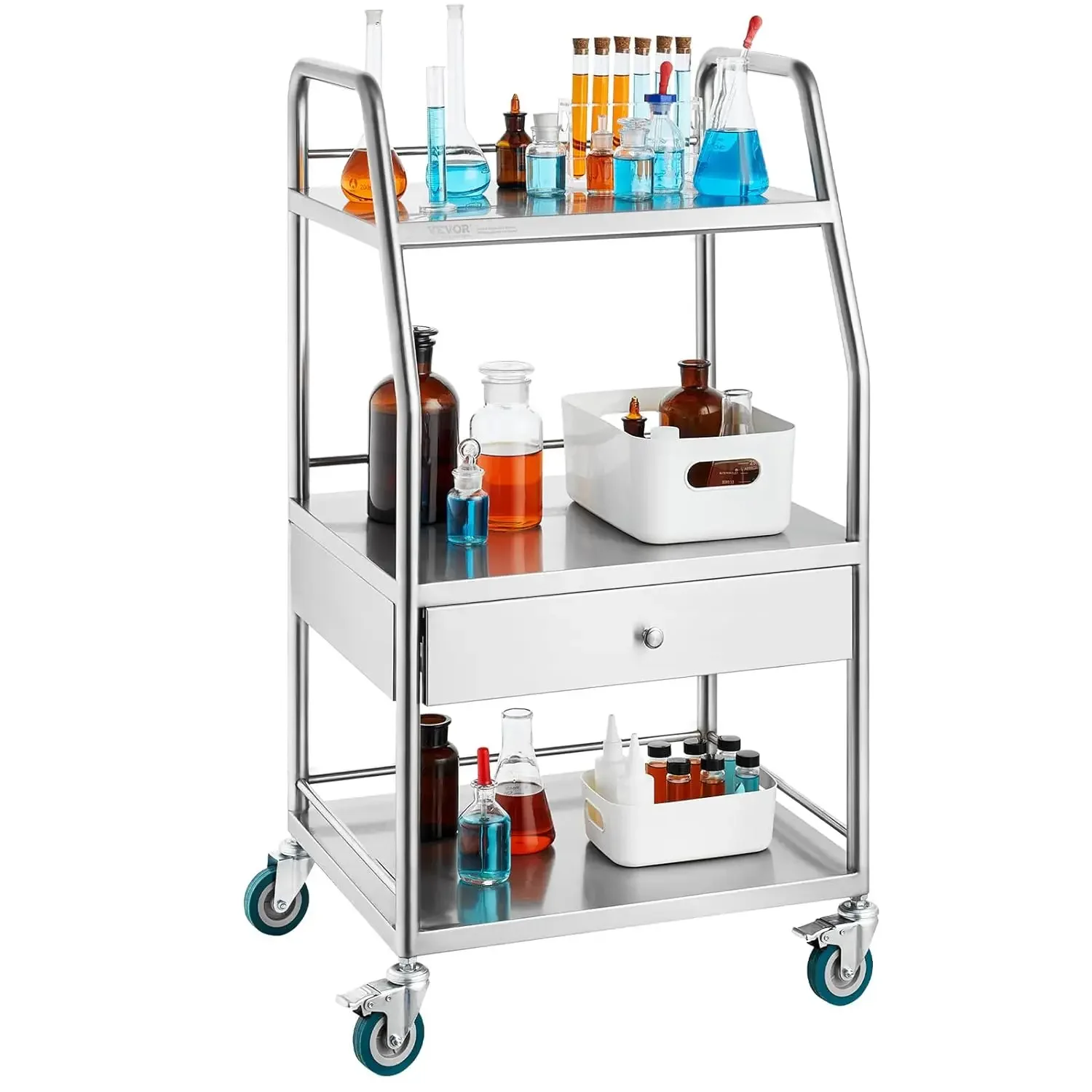 Utility Cart with 3 Shelves Shelf Stainless Steel with Wheels Rolling Cart Commercial Wheel Dental Lab Cart