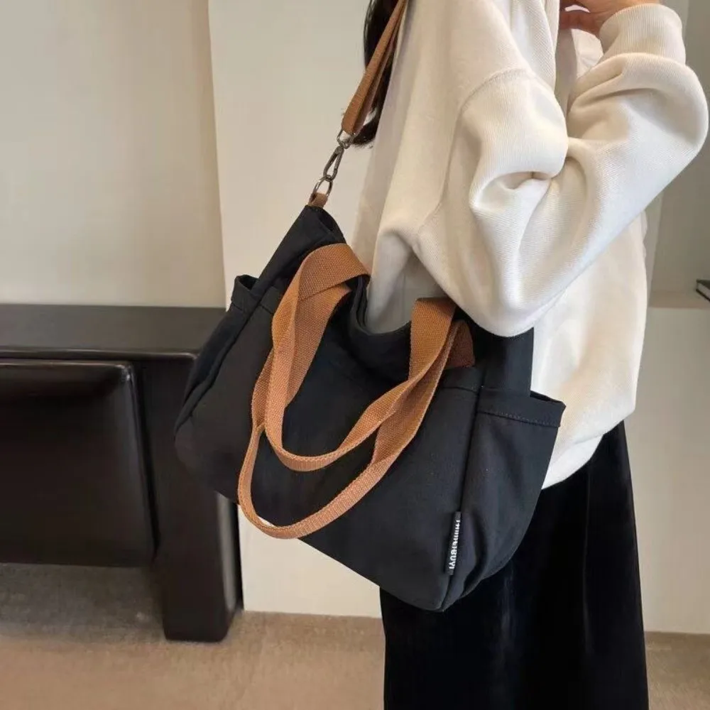 

Thickened Canvas Handbag Zipper Multi-Pocket Large Capacity Tote Bag Single Shoulder Japanese Style Commuting Crossbody Bag