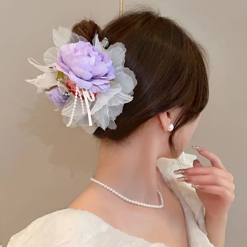 Super Immortal Rose Organza Hailr Claw for Women Female Purple Desire Wind Sweet Back Spoon Hair Clip Girls Hair Accessories